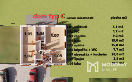 Na predaj 4-izbový rodinný dom TYP DOMU C  v obci Jelka